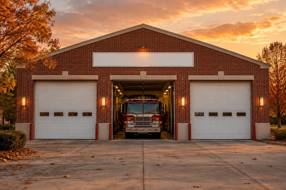 Station 1, a red brick fire station at sunset with an engine parked in the middle bay